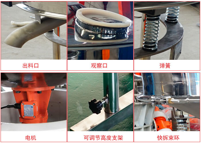 高頻篩細(xì)節(jié)展示：出料口，觀察口，彈簧，電機(jī)，可調(diào)節(jié)高度支架，快拆束環(huán)。